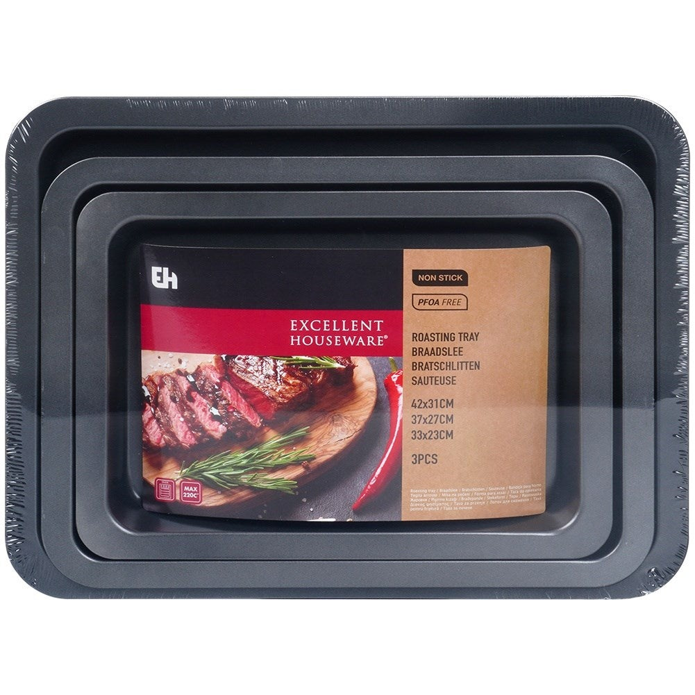 Three rectangular baking trays with non-stick coating
