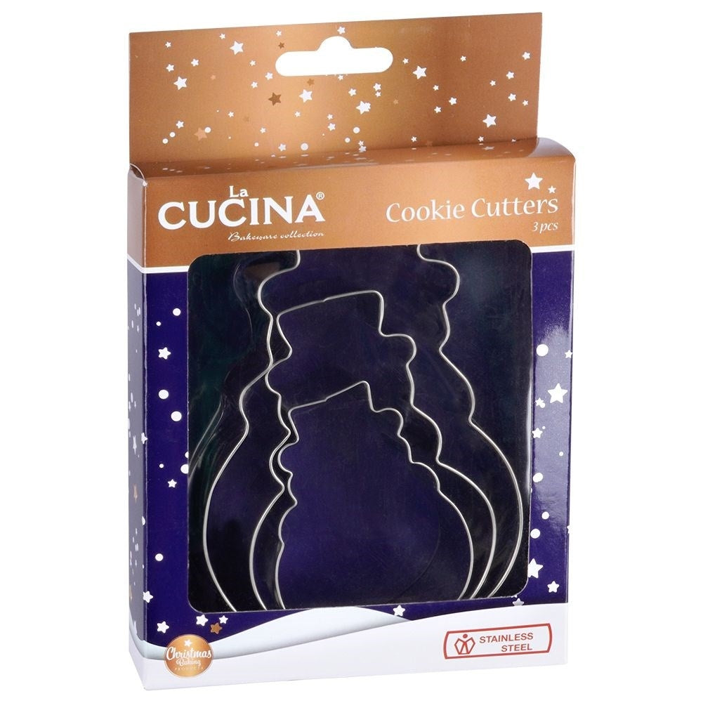 Three stainless steel snowman molds for Christmas baking