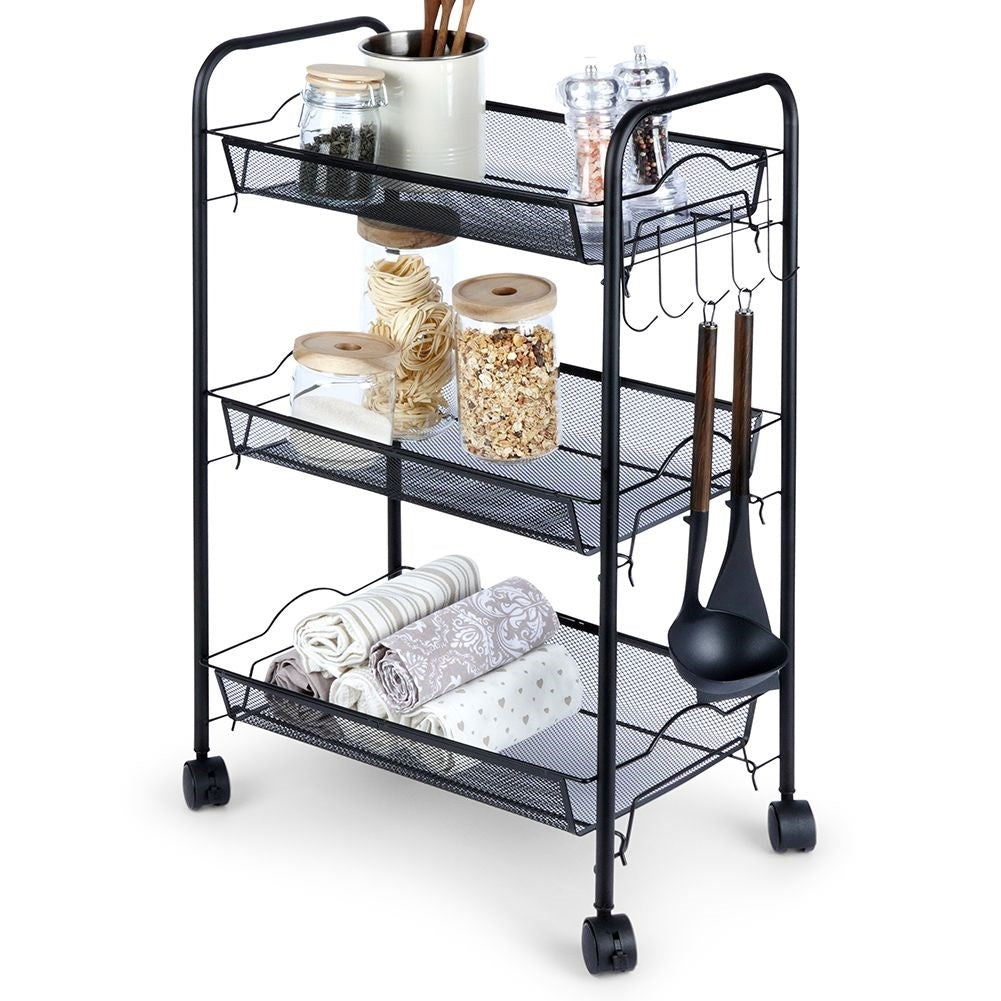 Three-story black metal cart on wheels for home, workshop & office