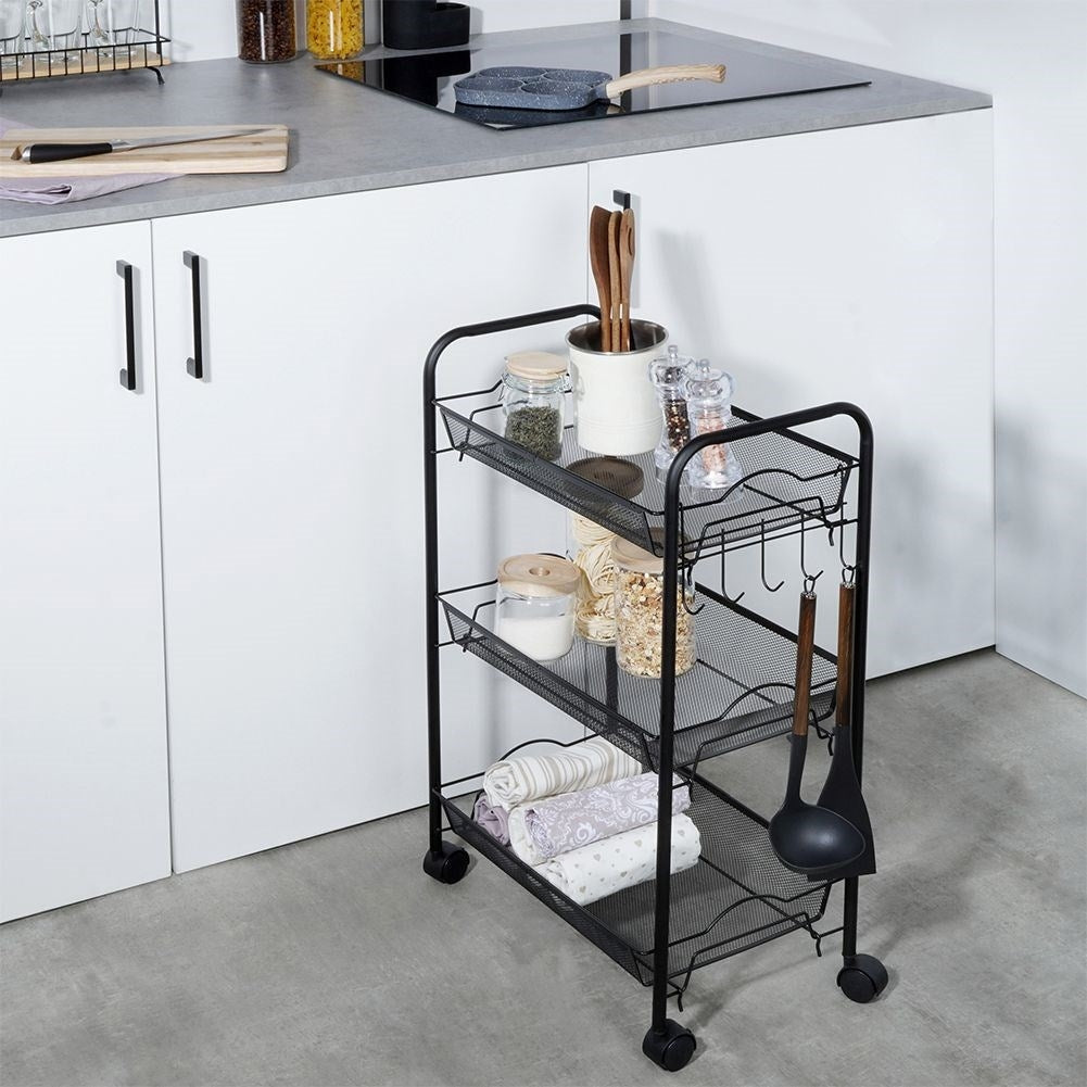 Three-story black metal cart on wheels for home, workshop & office