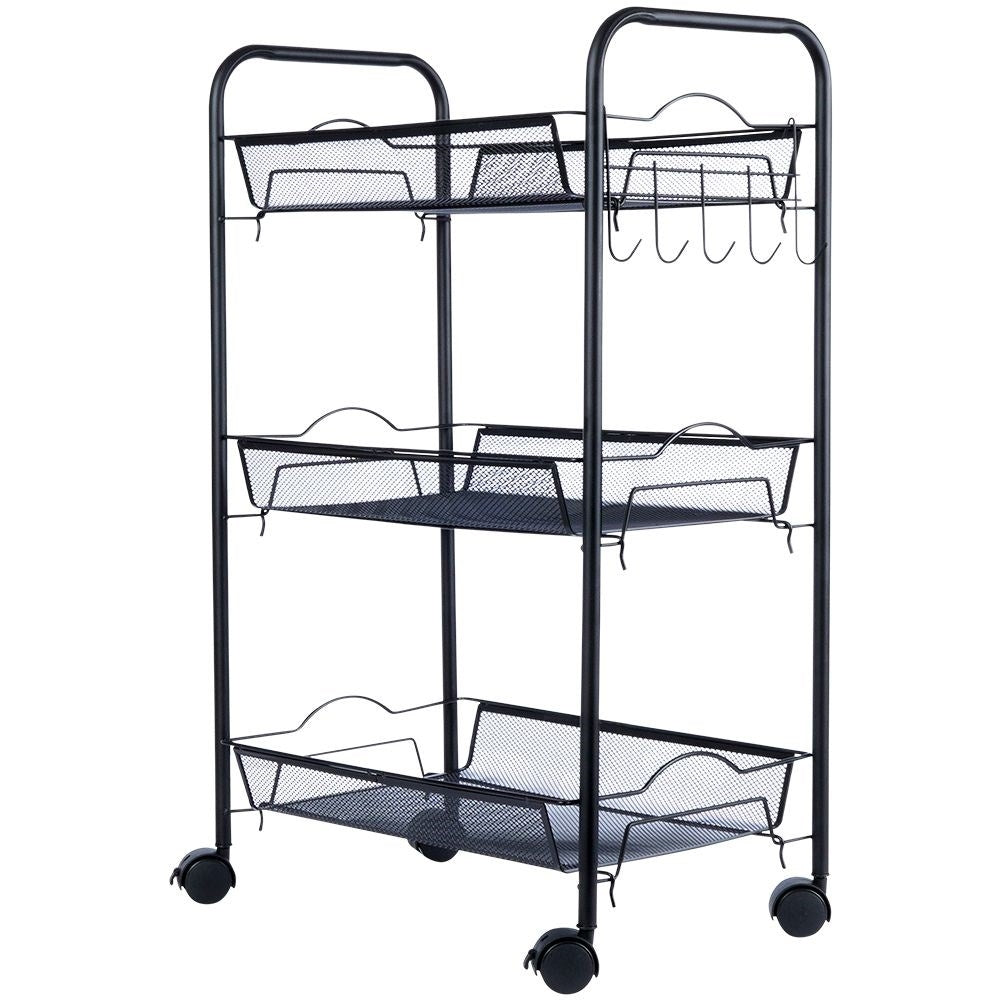 Three-story black metal cart on wheels for home, workshop & office