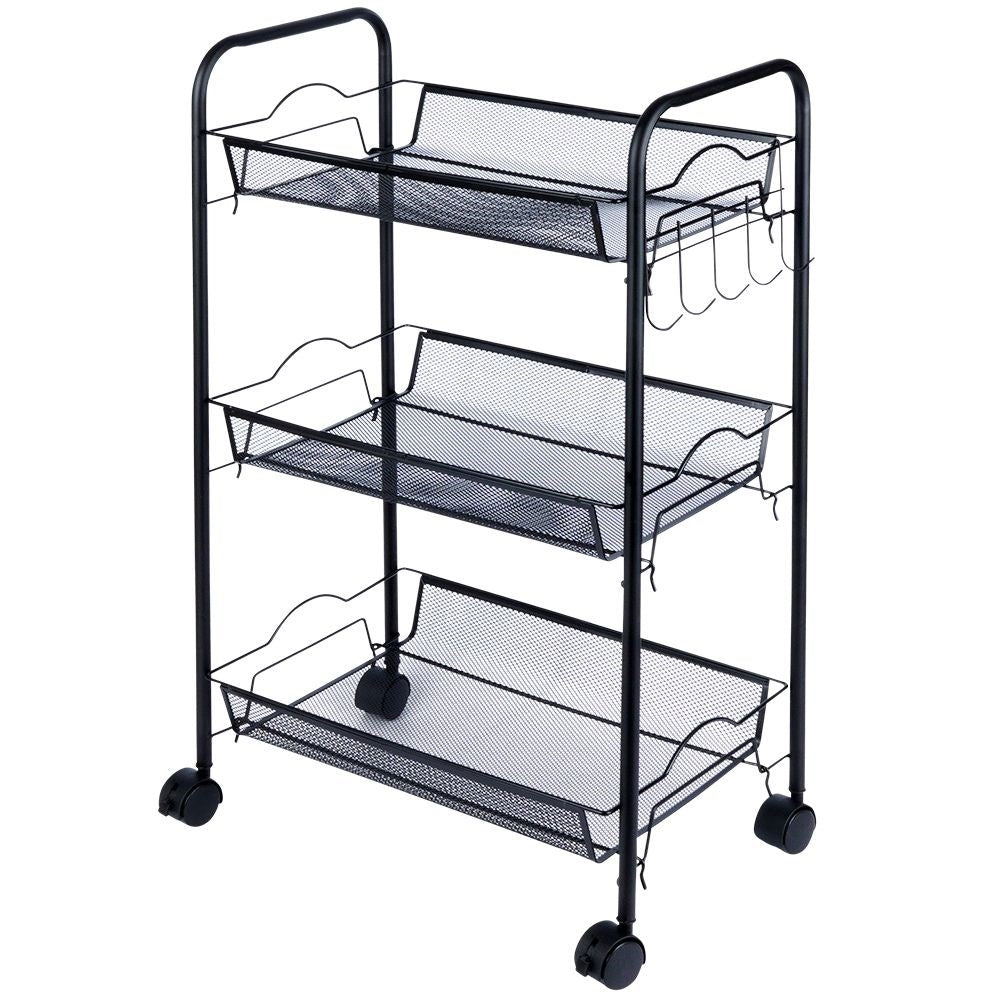 Three-story black metal cart on wheels for home, workshop & office