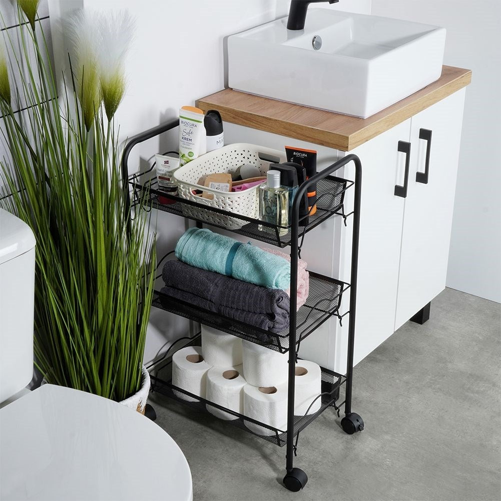 Three-story black metal cart on wheels for home, workshop & office