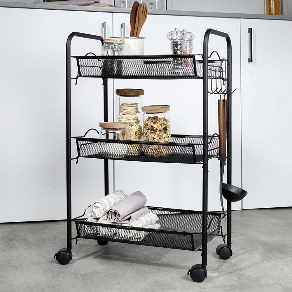 Three-story black metal cart on wheels for home, workshop & office