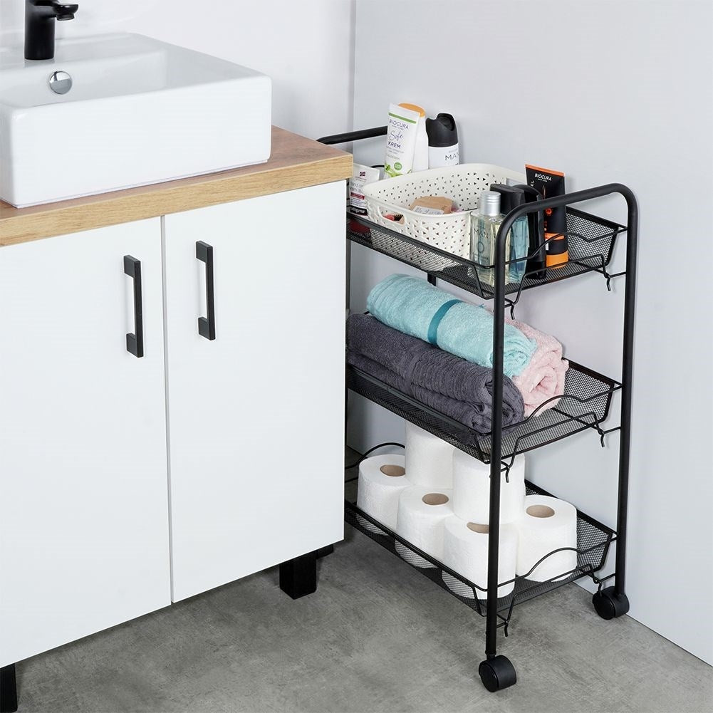 Three-story black metal cart on wheels for home, workshop & office