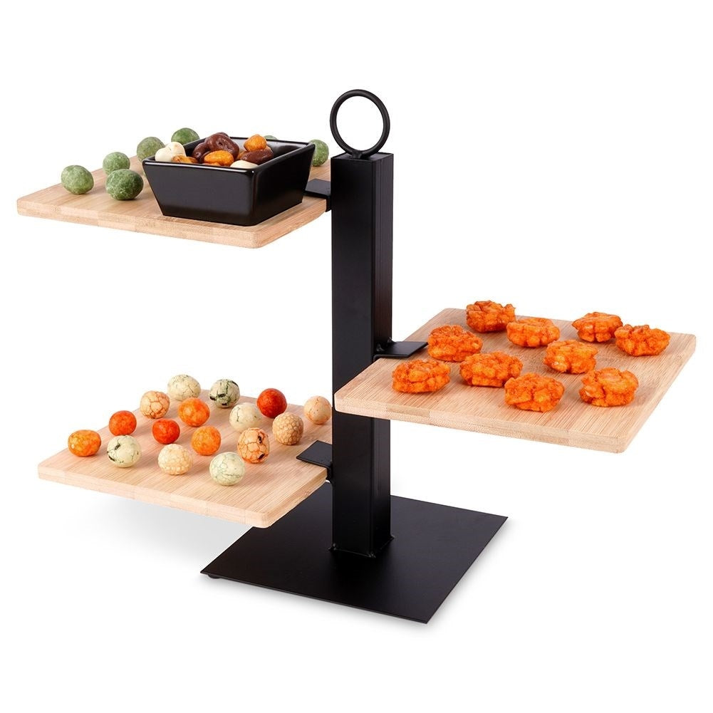 Three-tier serving tray in bamboo for charcuterie, cheese and snacks