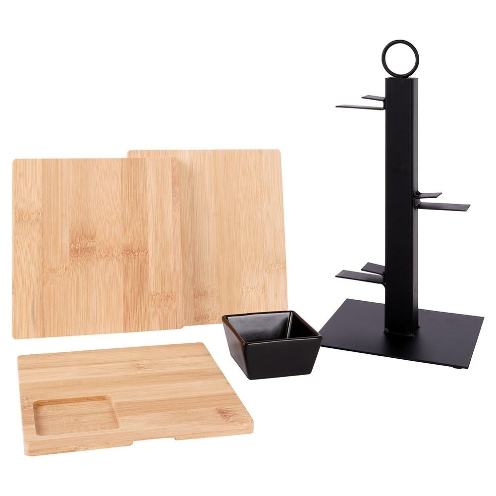 Three-tier serving tray in bamboo for charcuterie, cheese and snacks