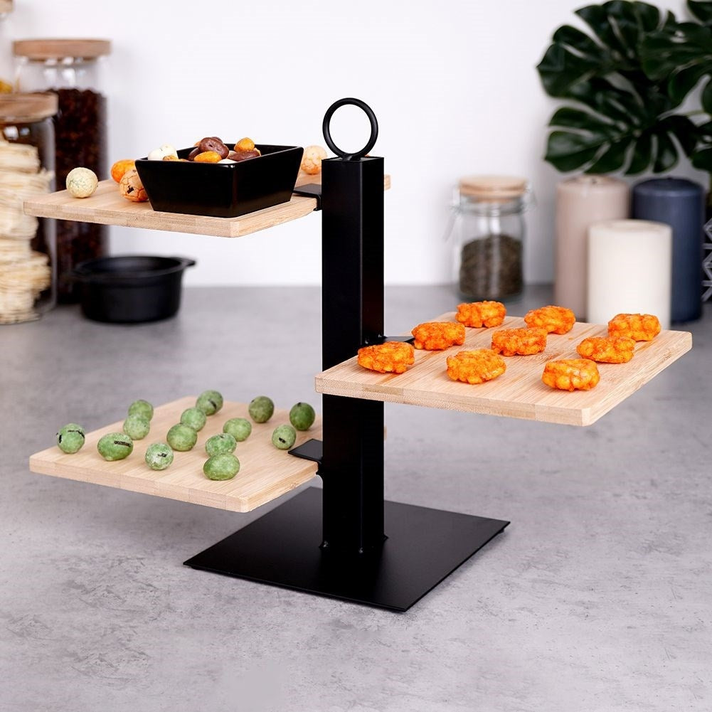 Three-tier serving tray in bamboo for charcuterie, cheese and snacks