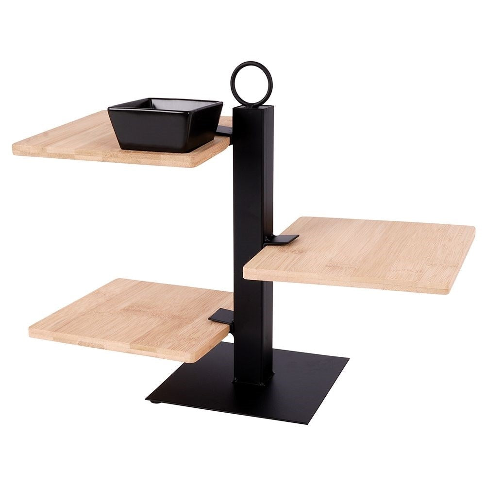 Three-tier serving tray in bamboo for charcuterie, cheese and snacks