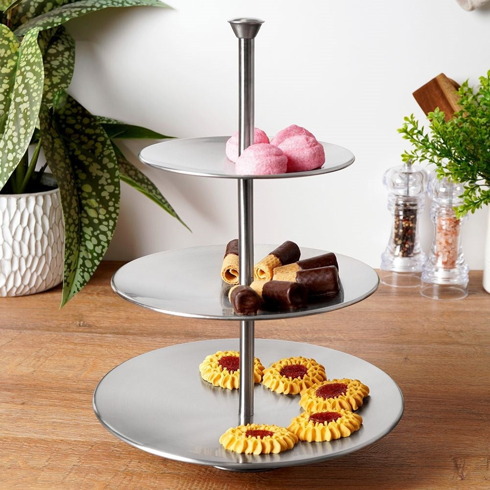 Three-tier stainless steel cake plate for elegant serving