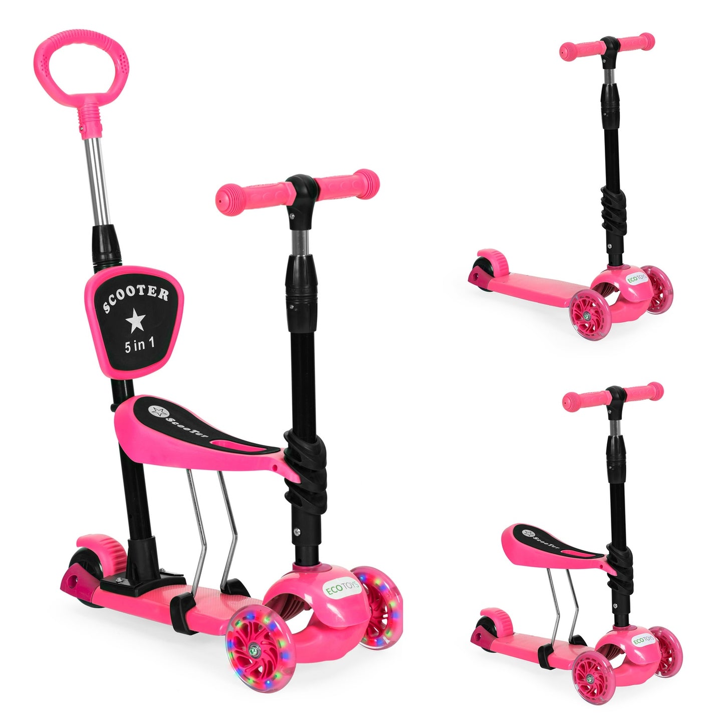 Three-wheeled balance scooter with light-up wheels LED, 3-in-1 - Pink ECOTOYS