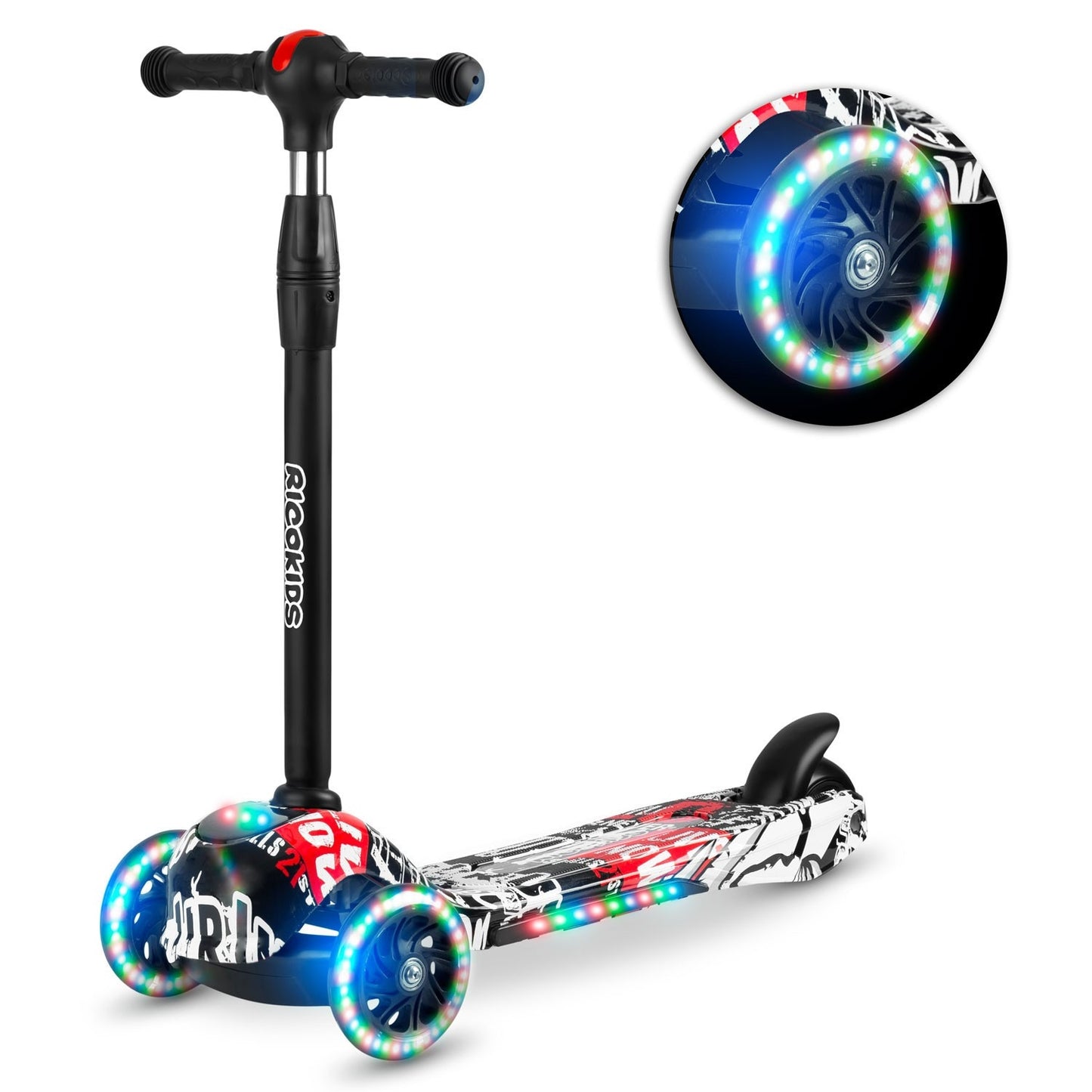 Three-wheel scooter Ricokids Piko - black with white-red pattern