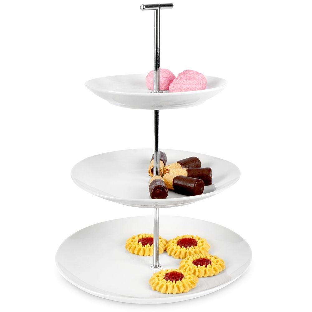 Tiered dishes for cakes, tarts, fruit and snacks in white porcelain