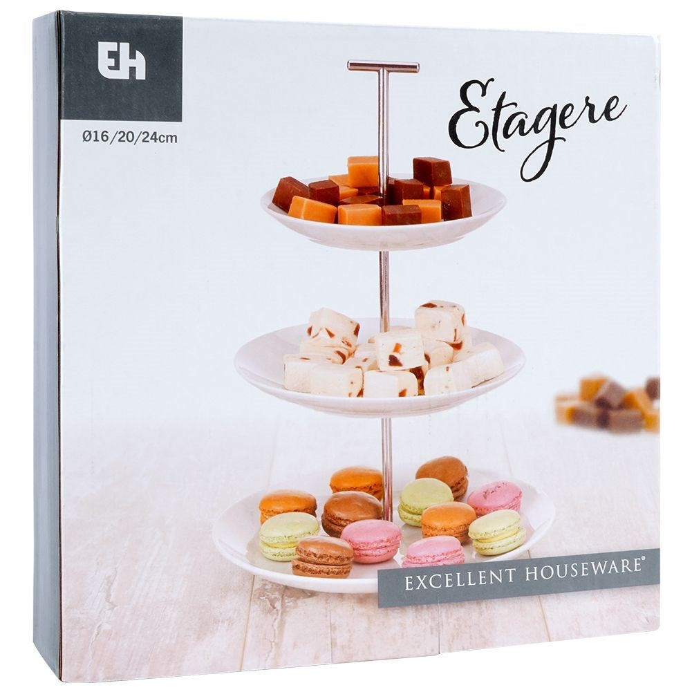 Tiered dishes for cakes, tarts, fruit and snacks in white porcelain