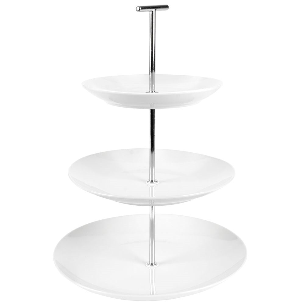 Tiered dishes for cakes, tarts, fruit and snacks in white porcelain