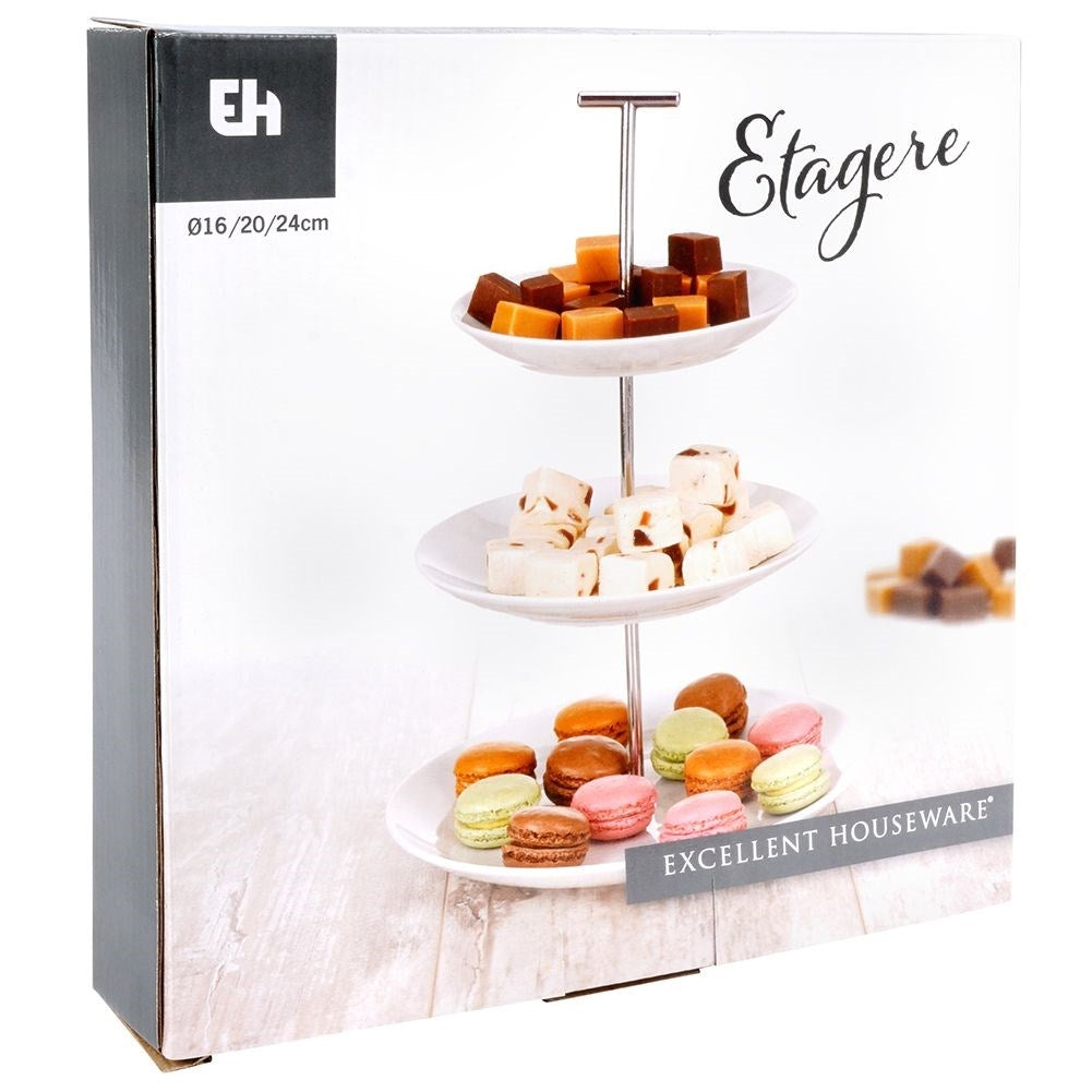Tiered dishes for cakes, tarts, fruit and snacks in white porcelain