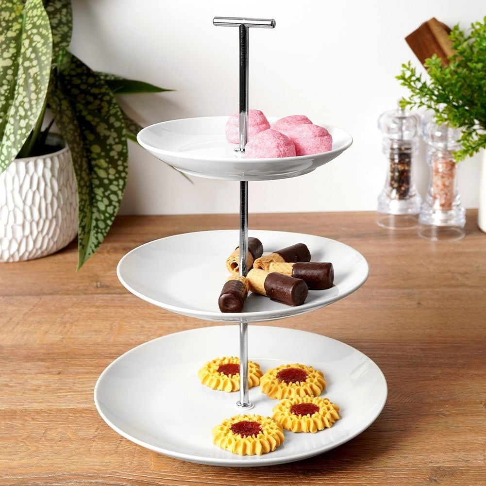 Tiered dishes for cakes, tarts, fruit and snacks in white porcelain