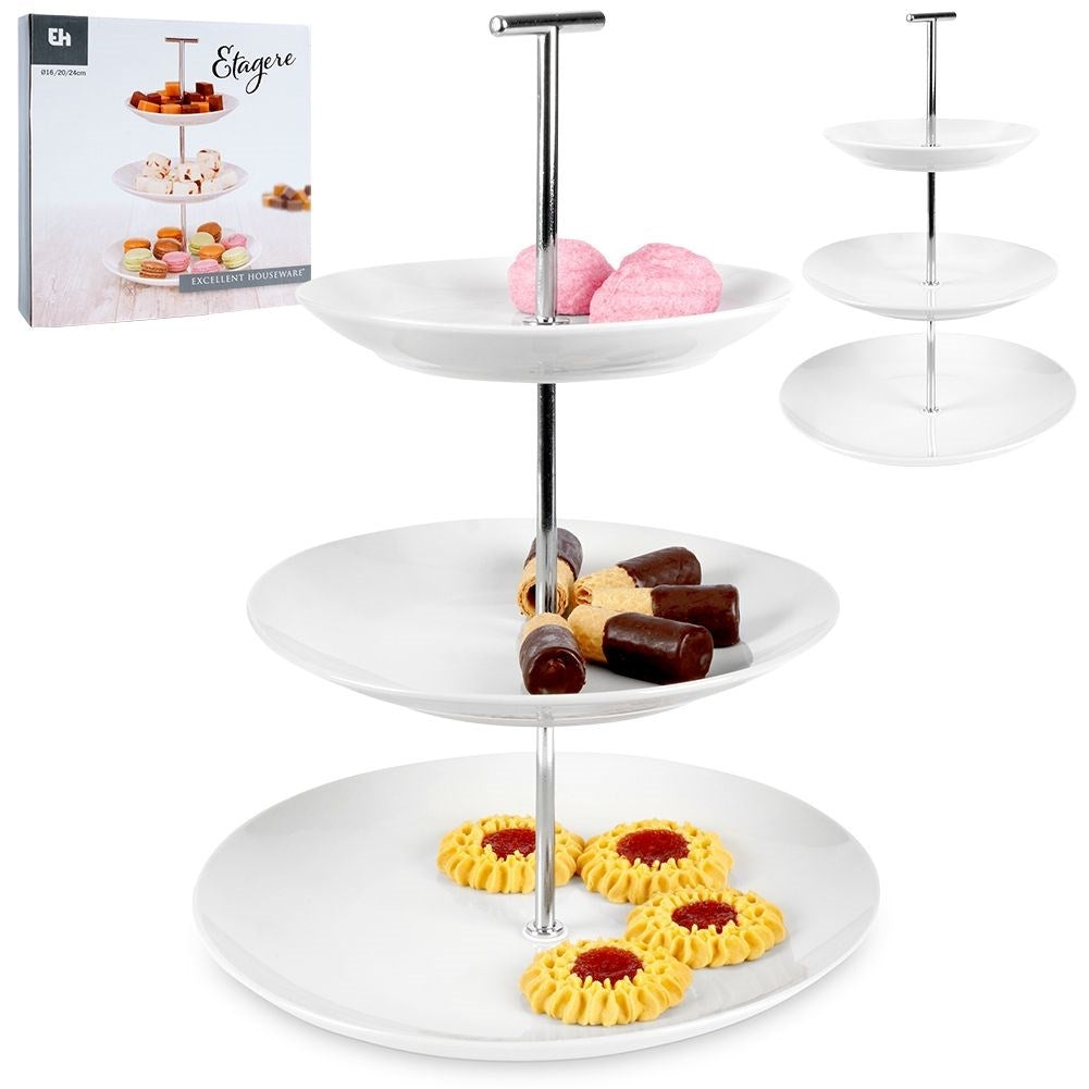 Tiered dishes for cakes, tarts, fruit and snacks in white porcelain