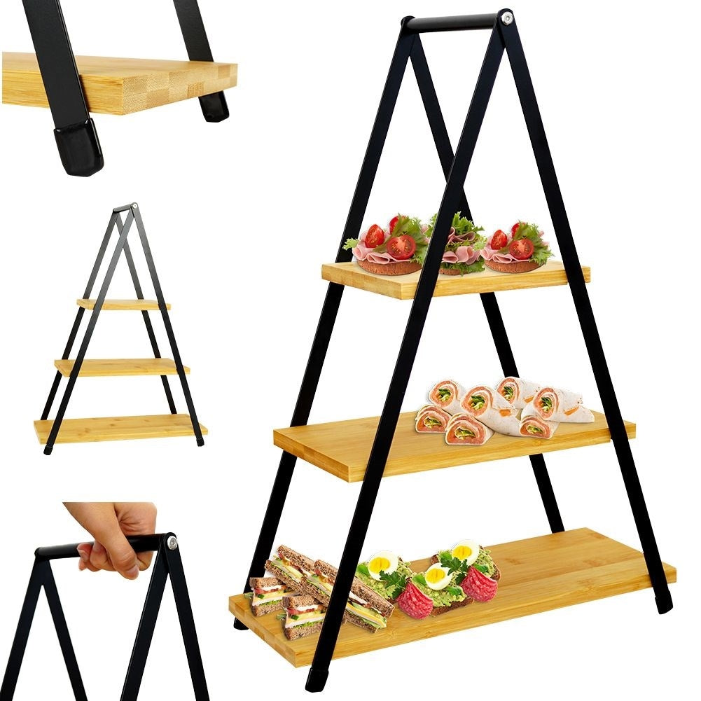Tiered dishes with wooden trays for charcuterie, cheese, cakes and snacks