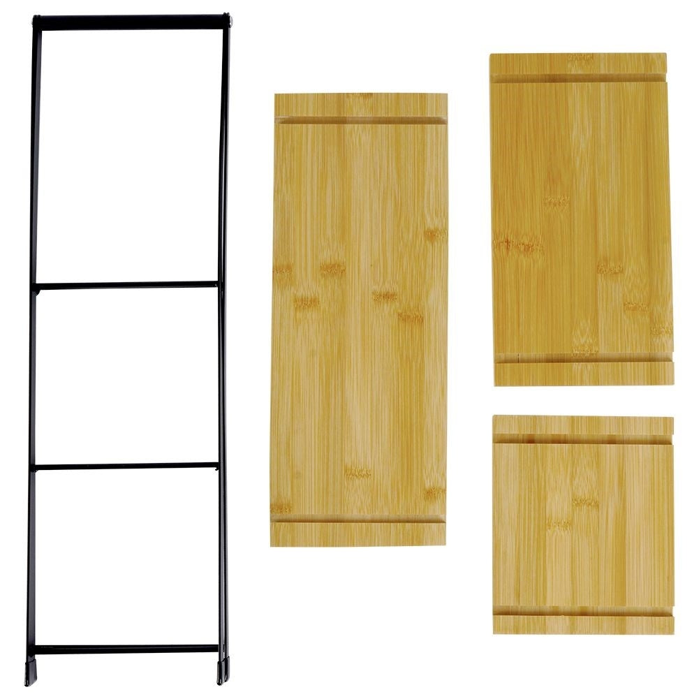Tiered dishes with wooden trays for charcuterie, cheese, cakes and snacks