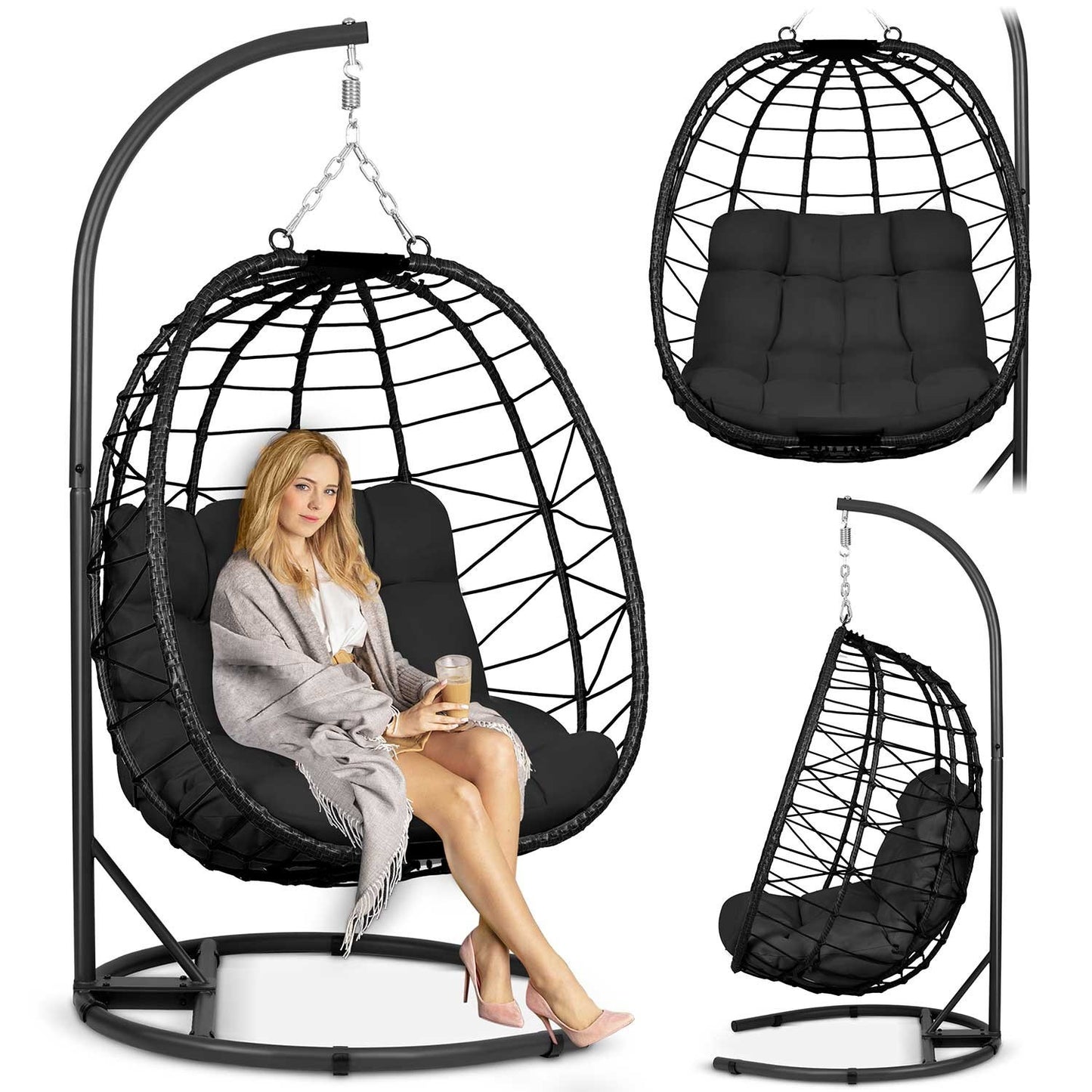Tihuana black hanging garden chair + black cushions Sofotel