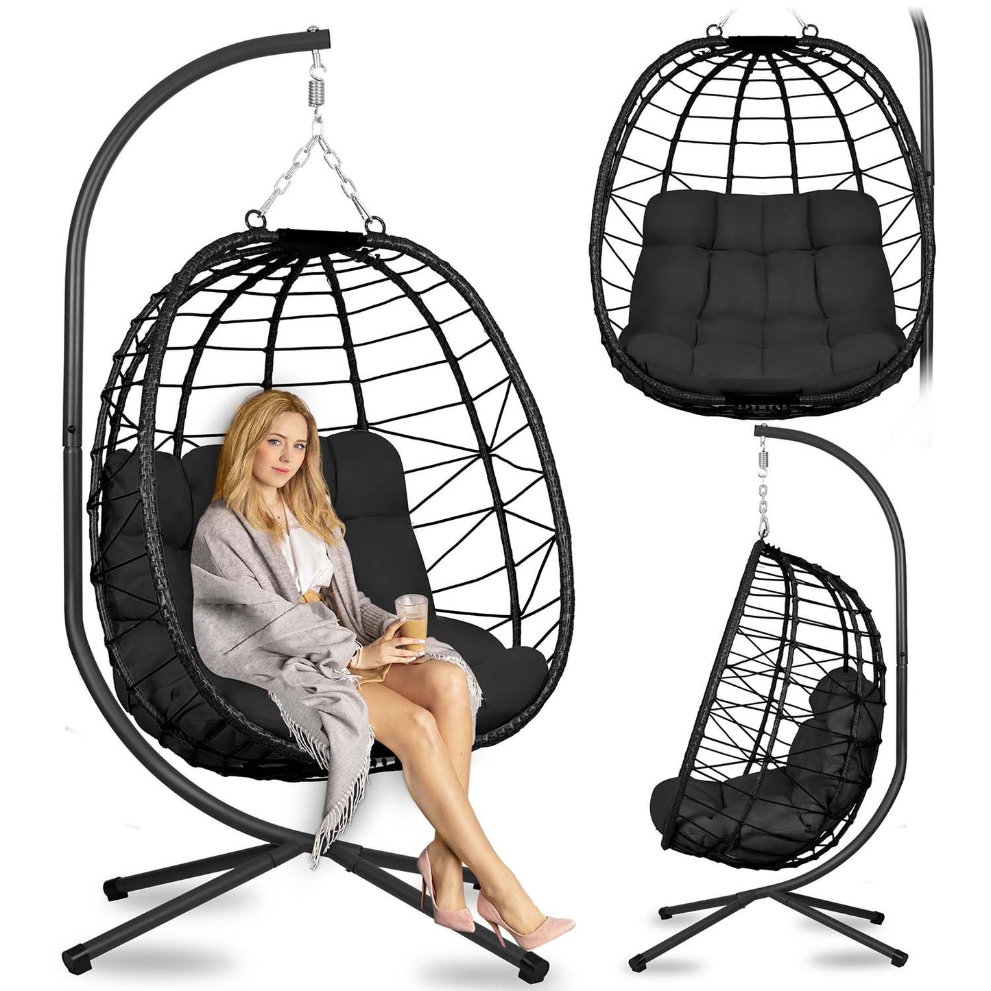 Tihuana black hanging garden chair + black cushions Sofotel