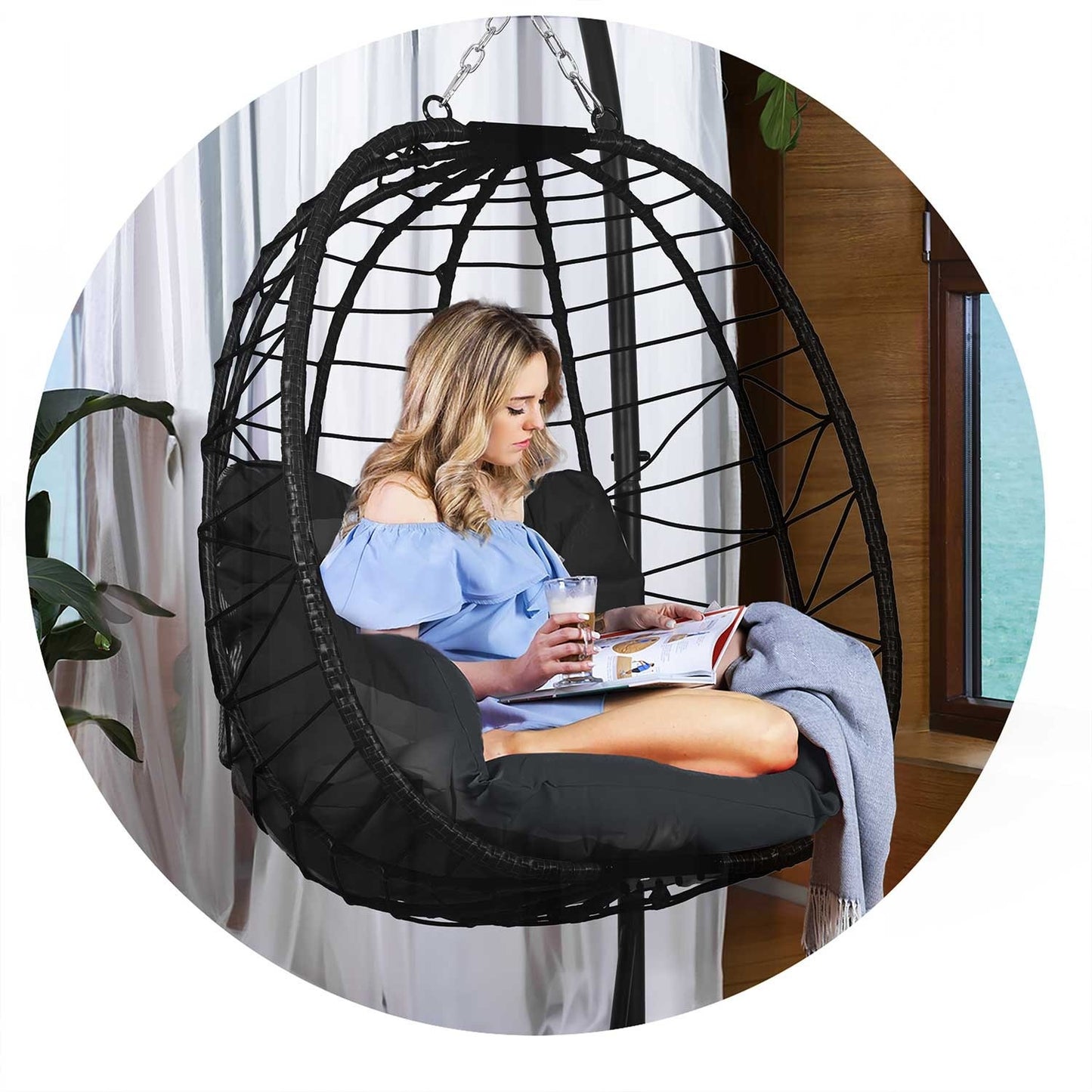 Tihuana black hanging garden chair + black cushions Sofotel