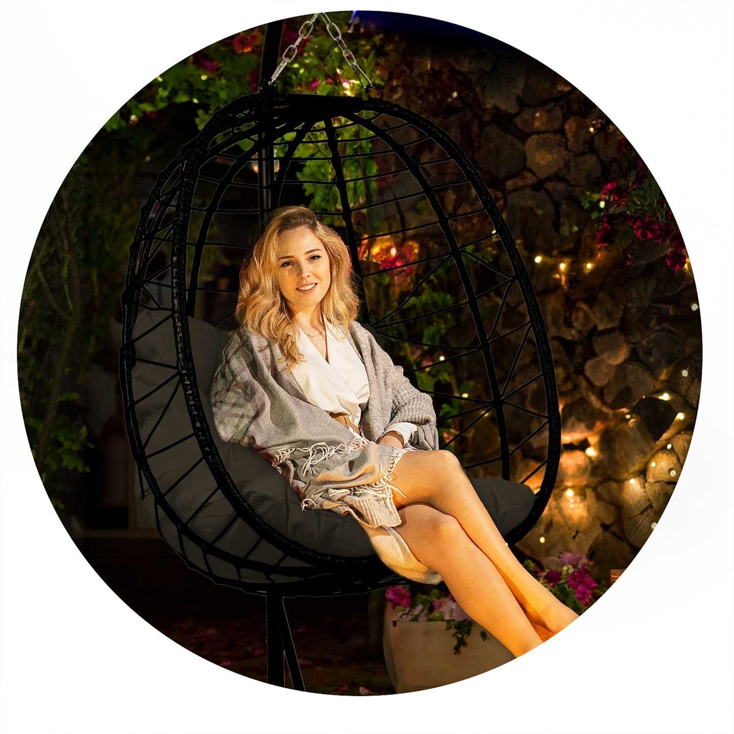 Tihuana black hanging garden chair + black cushions Sofotel