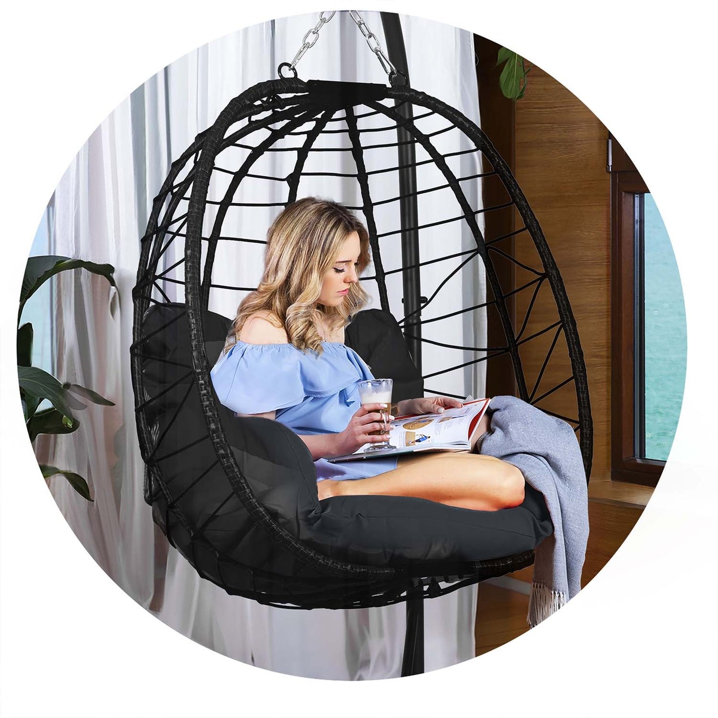 Tihuana black hanging garden chair + black cushions Sofotel