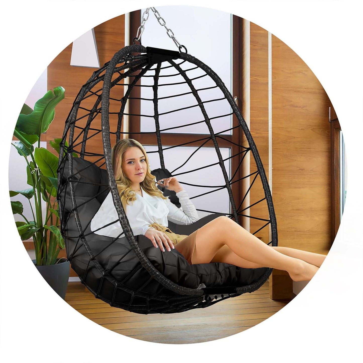Tihuana black hanging garden chair + black cushions Sofotel