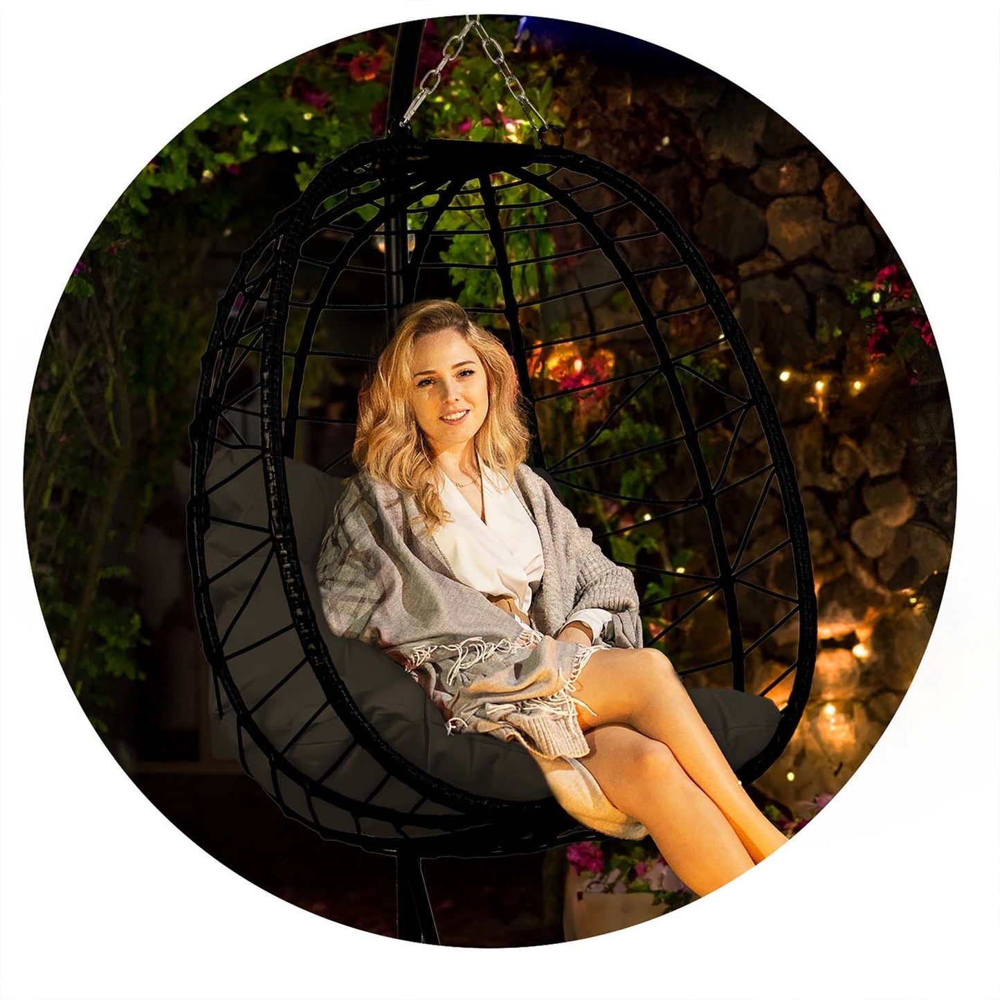 Tihuana black hanging garden chair + black cushions Sofotel