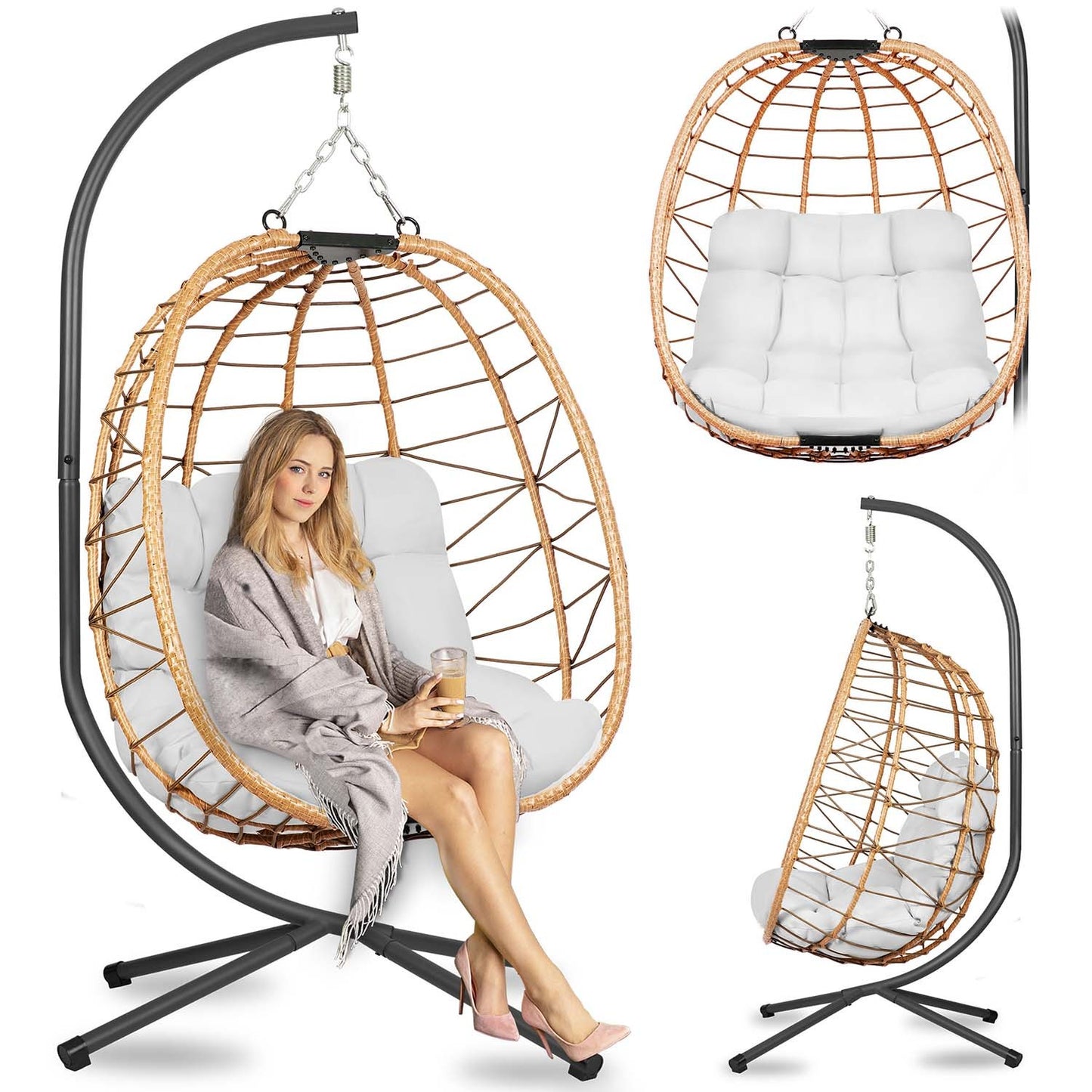 Tihuana brown hanging garden chair + grey cushions Sofotel