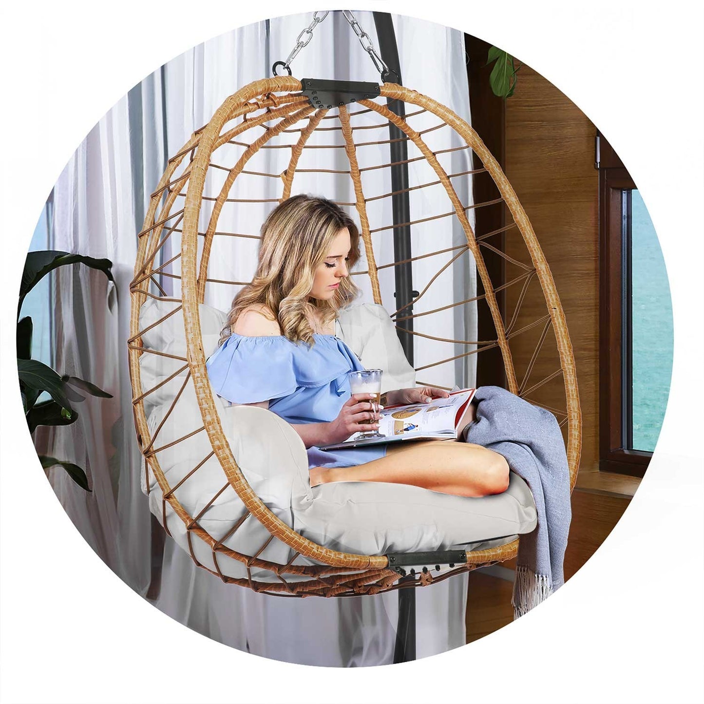 Tihuana brown hanging garden chair + grey cushions Sofotel