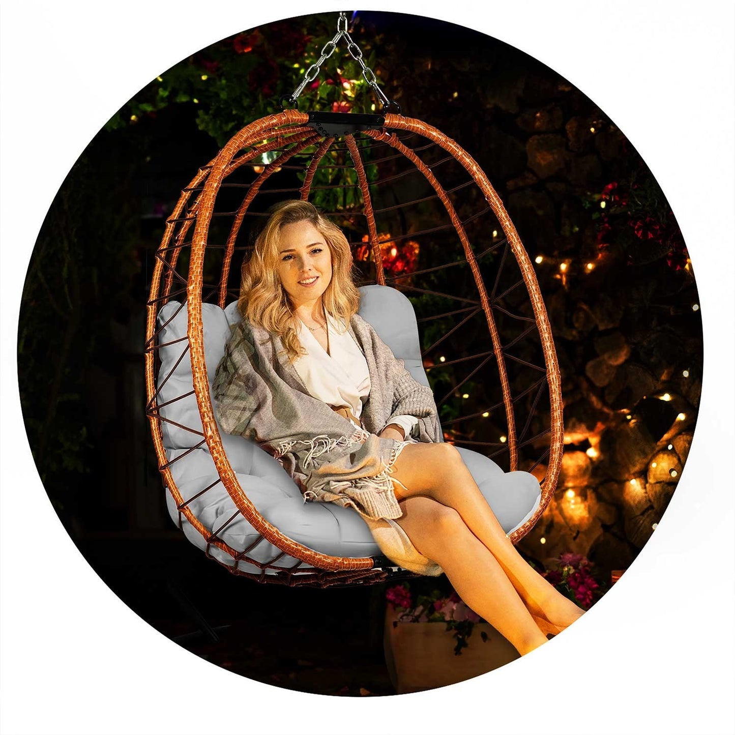 Tihuana brown hanging garden chair + grey cushions Sofotel