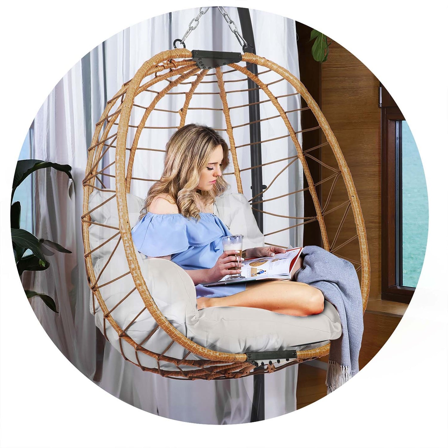 Tihuana brown hanging garden chair + grey cushions Sofotel