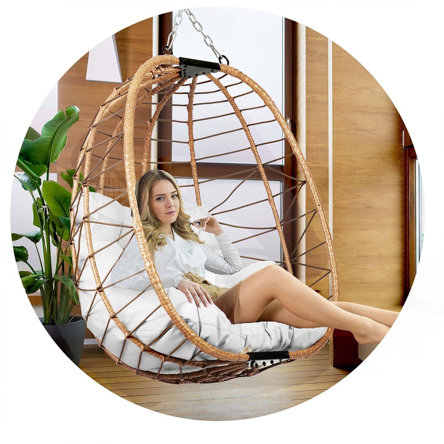 Tihuana brown hanging garden chair + grey cushions Sofotel