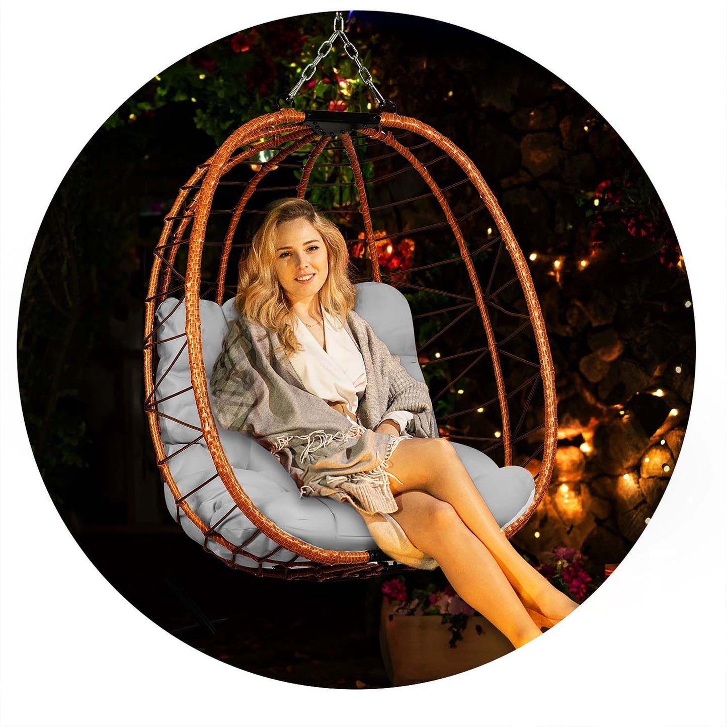 Tihuana brown hanging garden chair + grey cushions Sofotel