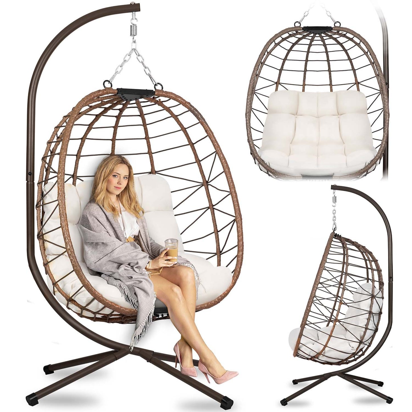 Tihuana brown hanging garden chair + light beige cushions Sofotel