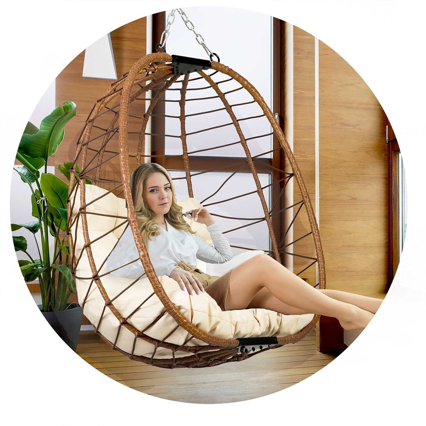 Tihuana brown hanging garden chair + light beige cushions Sofotel