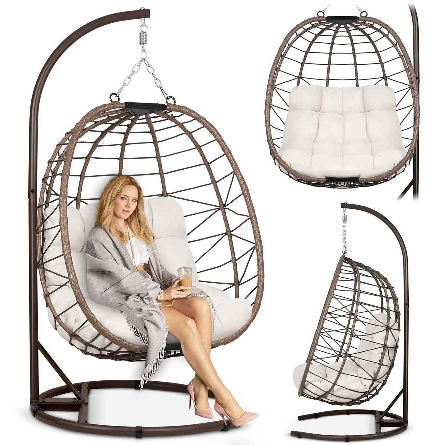 Tihuana brown hanging garden chair + light beige cushions Sofotel