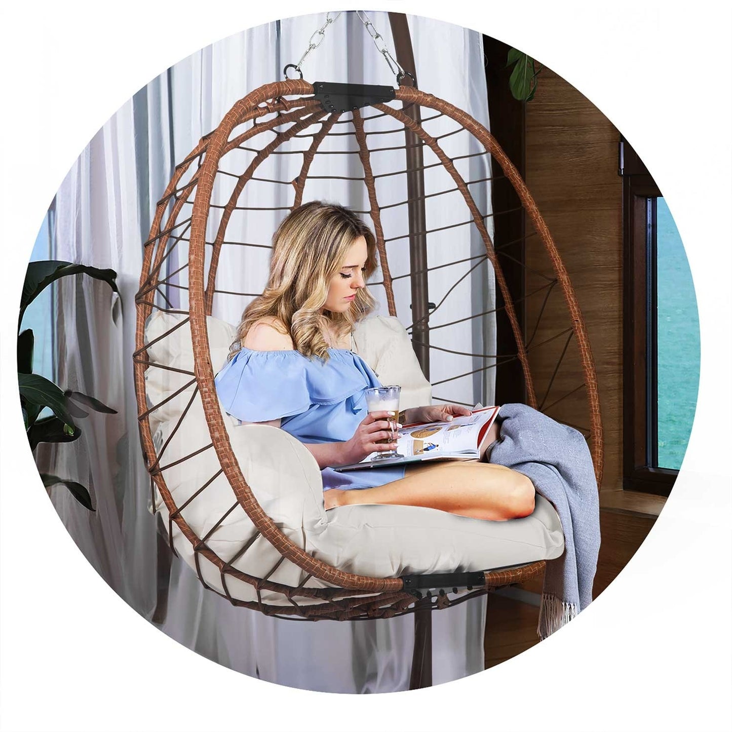 Tihuana brown hanging garden chair + light beige cushions Sofotel