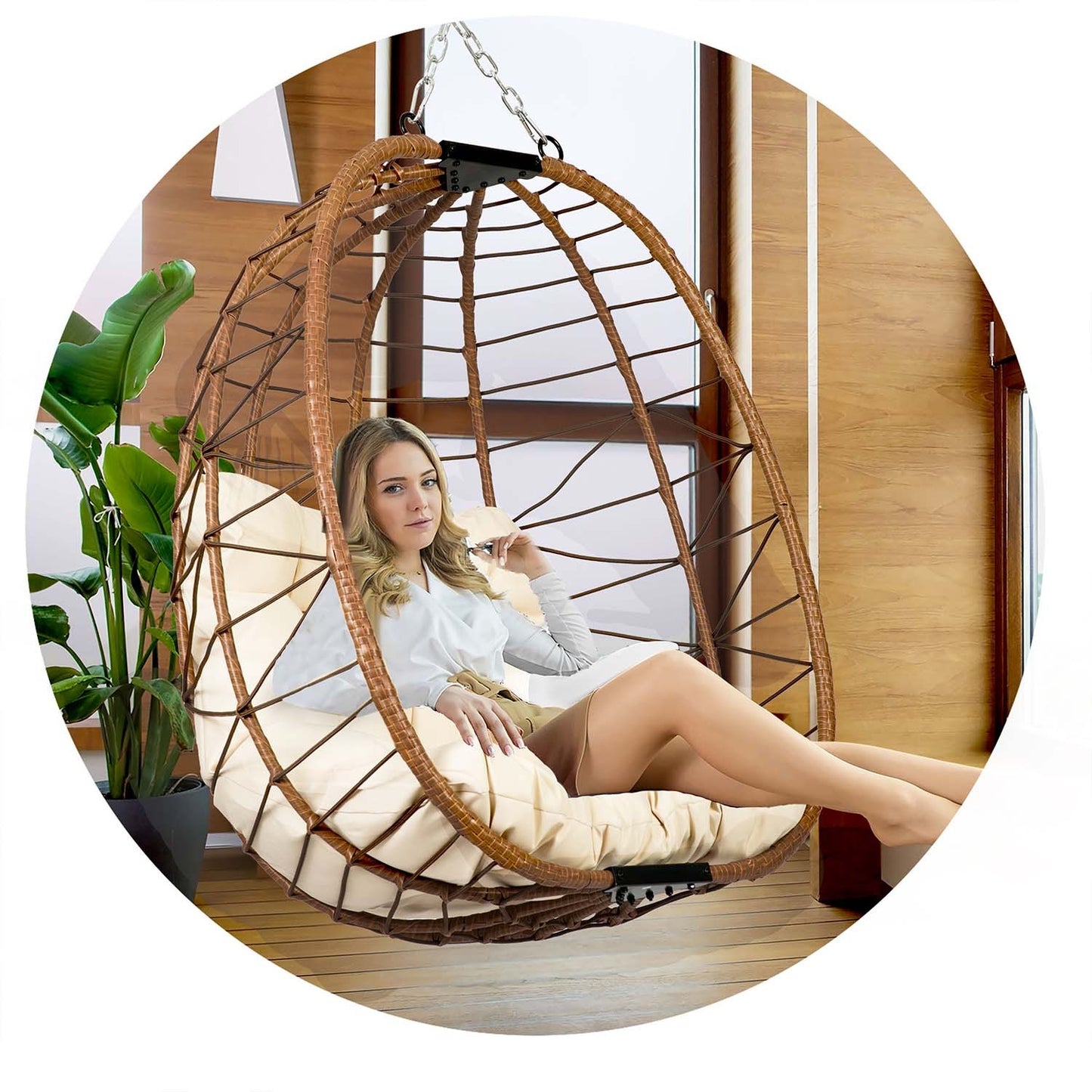 Tihuana brown hanging garden chair + light beige cushions Sofotel