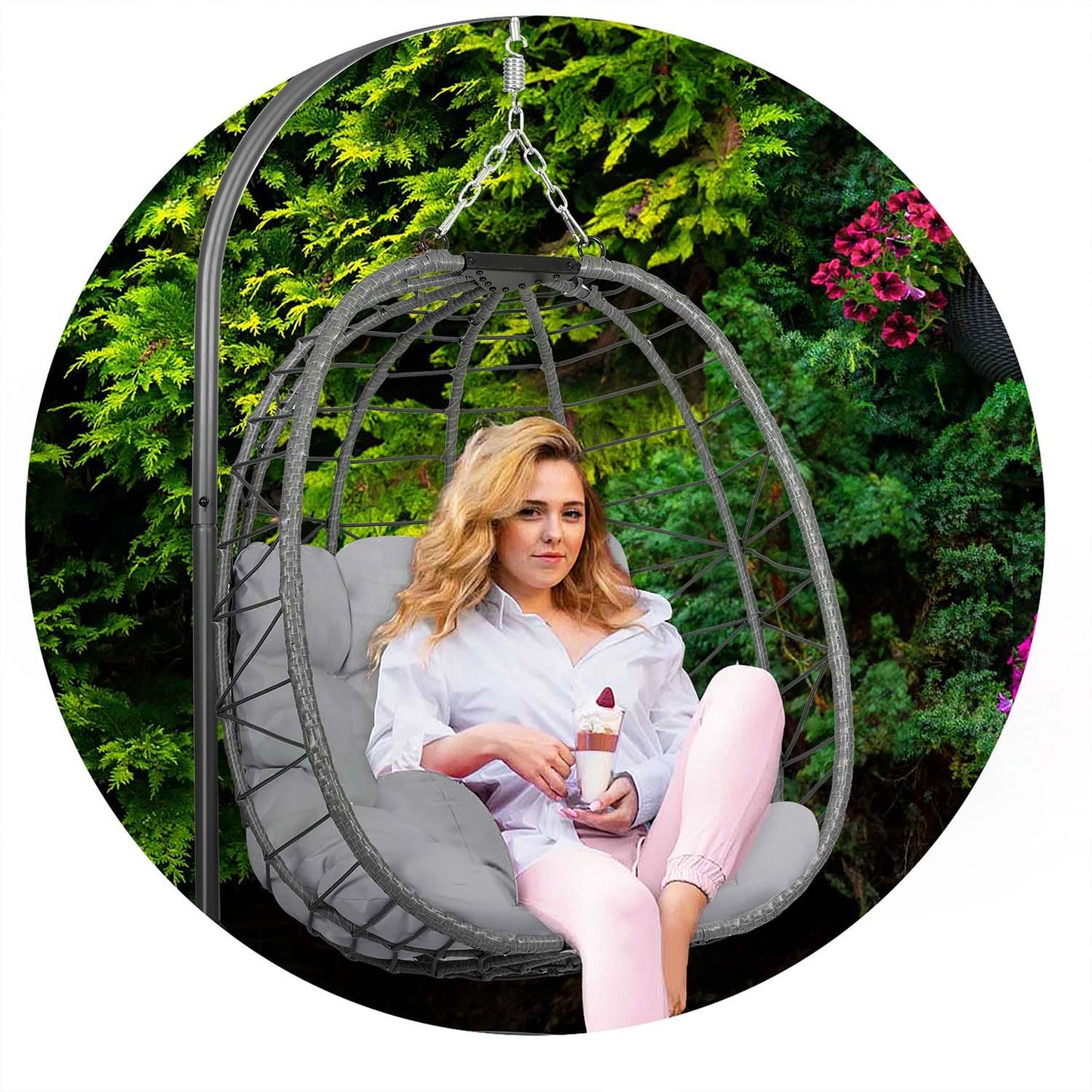 Tihuana gray hanging garden chair + gray Sofotel cushions