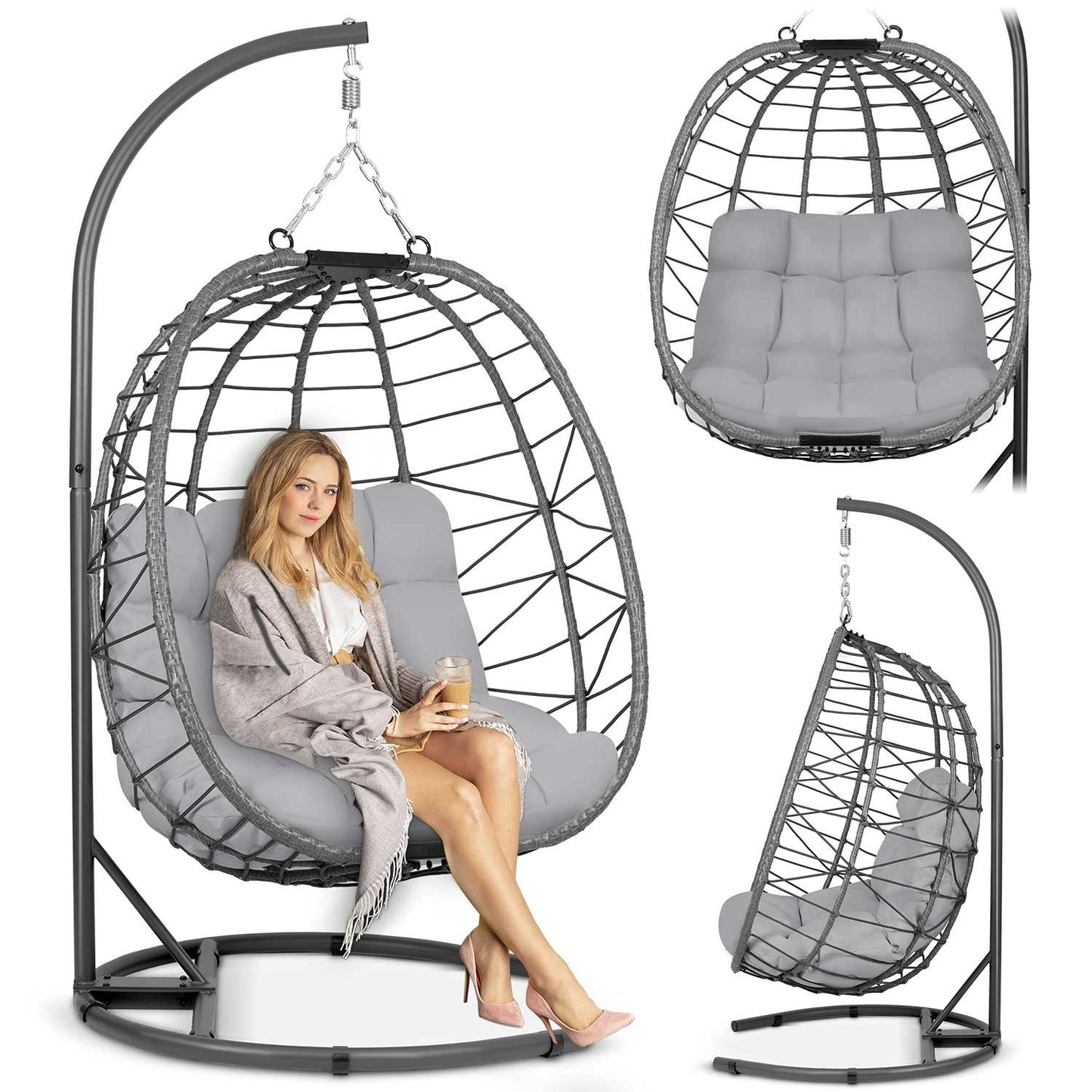 Tihuana gray hanging garden chair + gray Sofotel cushions