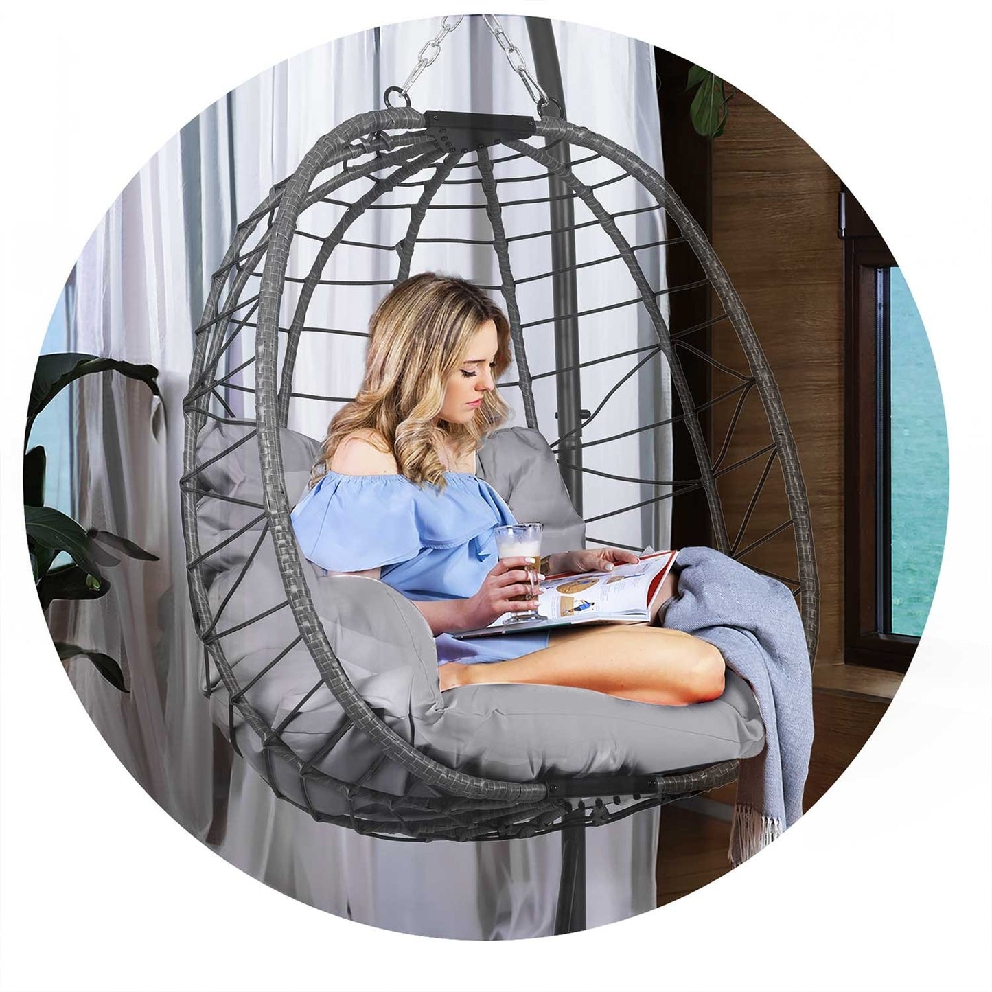 Tihuana gray hanging garden chair + gray Sofotel cushions