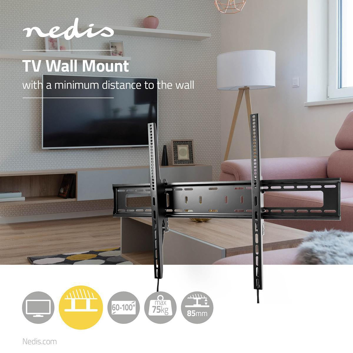 Tiltable TV wall mount | 60-100 " | Maximum screen weight supported: 75 kg | Can be tilted: 5 ° | Minimum wall distance: 85 mm | Steel | Black