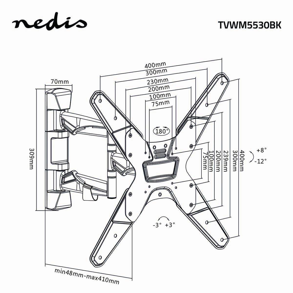 Tilt and swivel TV wall mount | 23-55 " | Maximum Screen Weight Supported: 30kg | Tiltable | Rotatable | Minimum Wall Distance: 48mm | Maximum Wall Distance: 410mm | 3 Pivot Point(s) | Steel | Black