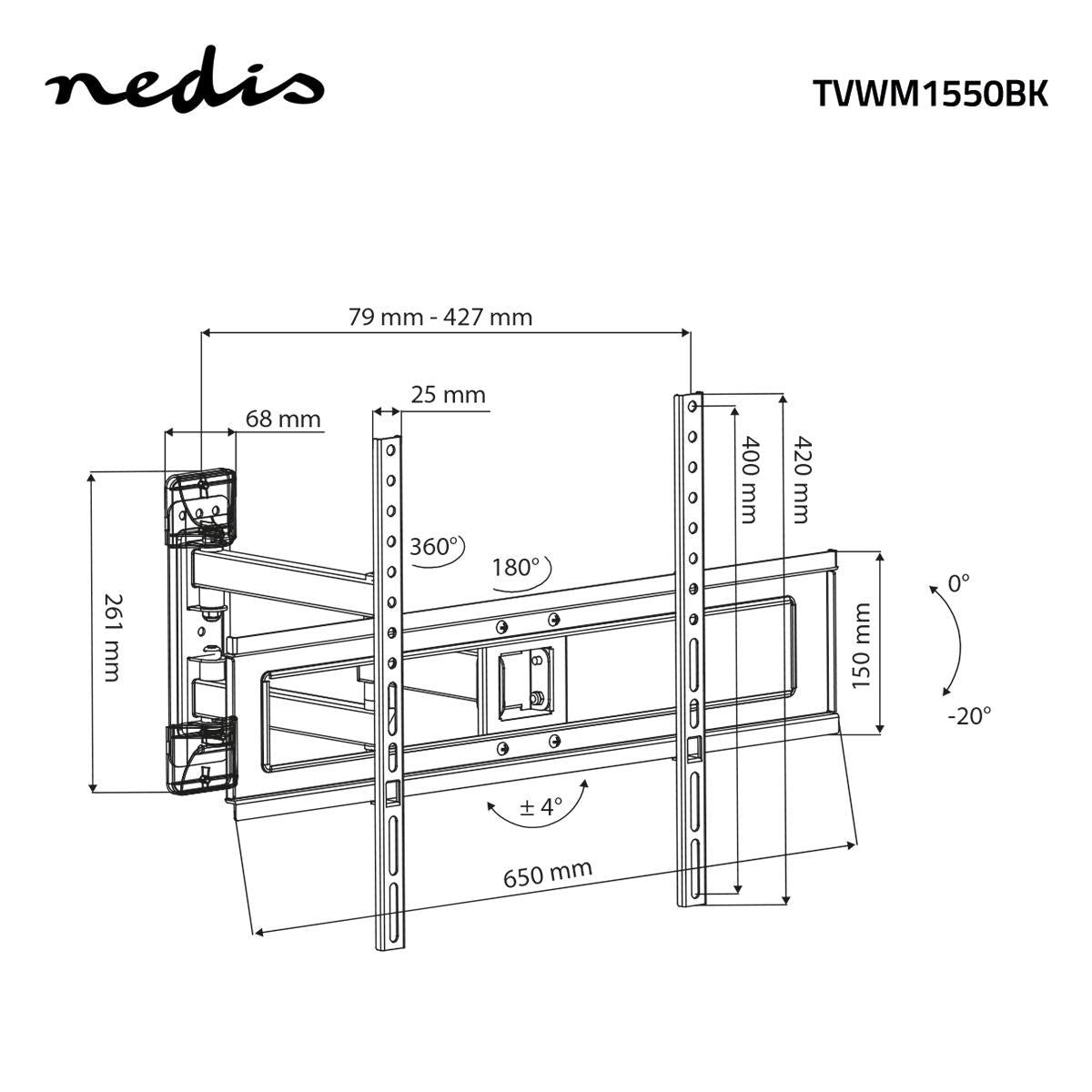 Tilt and swivel TV wall mount | 37-70 " | Maximum Screen Weight Supported: 25kg | Tiltable | Rotatable | Minimum Wall Distance: 79mm | Maximum Wall Distance: 427mm | 3 Pivot Point(s) | ABS / Steel | Black