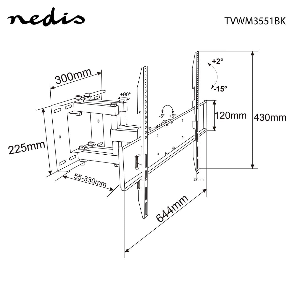 Tilt and swivel TV wall mount | 37-80 " | Maximum Screen Weight Supported: 35kg | Tiltable | Rotatable | Minimum Wall Distance: 55mm | Maximum Wall Distance: 330mm | 6 Pivot Point(s) | Steel | Black