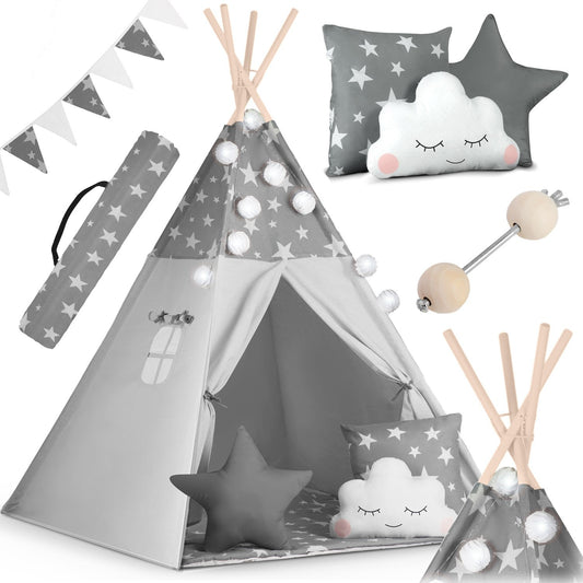 Tipi tent for children with garland and light string Nukido - gray with stars